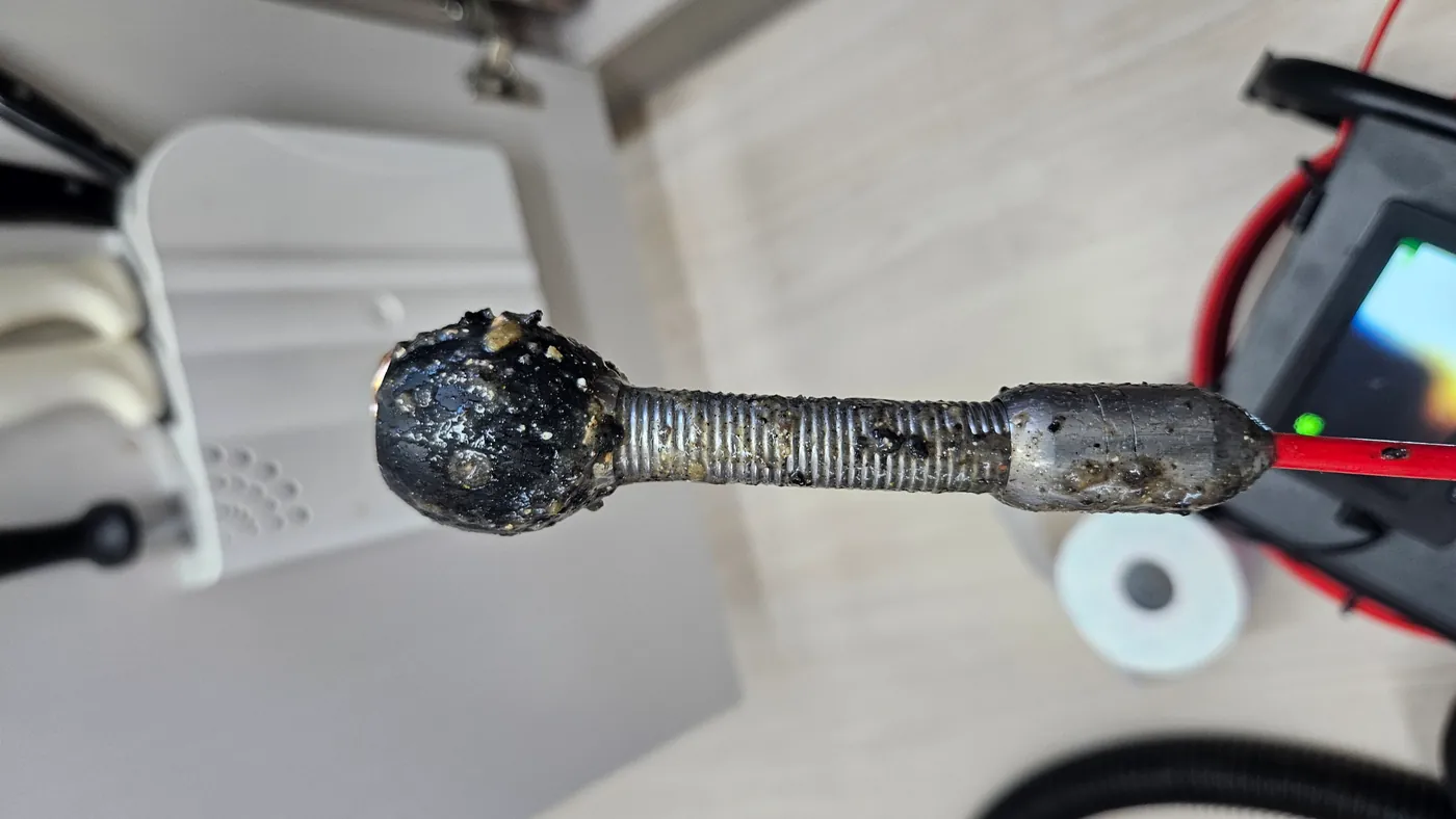 배관에서 빼낸 RIDGID 플렉스샤프트 둥근 헤드와 스프링에 검은 기름 찌꺼기가 묻어 있는 모습